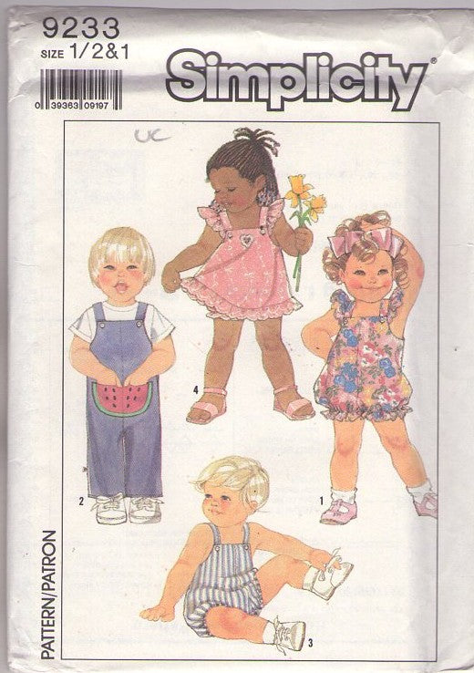 Simplicity 9233 Vintage 80's Sewing Pattern Boys' & Girl's Rompers, Sunsuit, Overalls, Coveralls, Jumper, Dress, Bloomers Panties Watermelon Pocket Size 1/2-1
