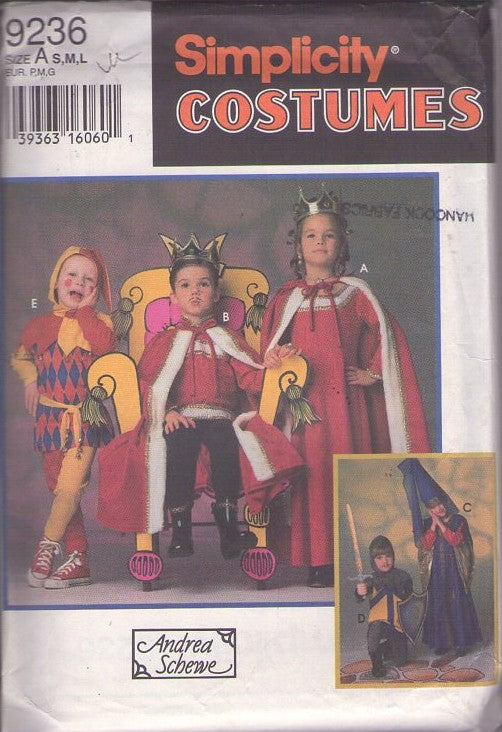 Simplicity 9236 Vintage 90's Sewing Pattern Historical Costumes, Girl's and Boys' Andrea Schewe Designs King, Queen, Knight, Damsel in Distress Princess & Court Jester Costume Pieces Size Child S-L