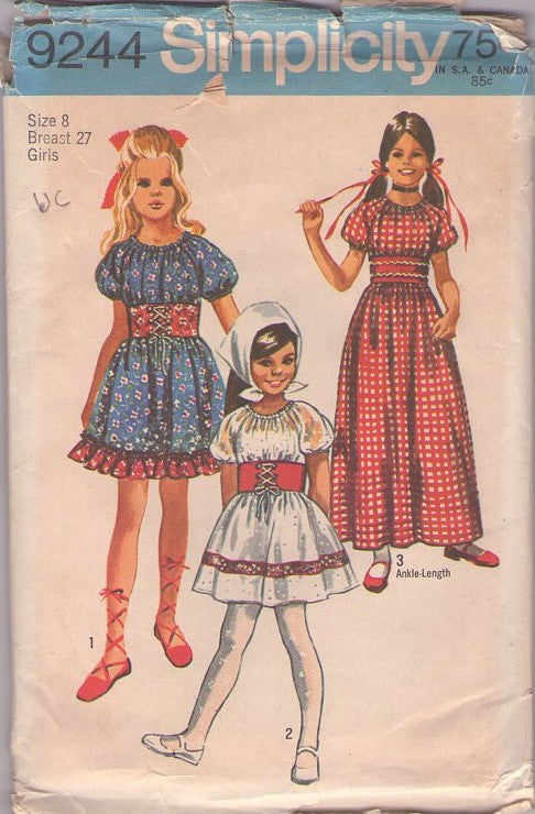 Simplicity 9244 Vintage 70's Sewing Pattern Girl's Dresses, Raglan Puff Sleeve Oktobertfest Dirndl Dress, Wide Midriff, Lacing Trim Mini or Maxi Gown Size 8
