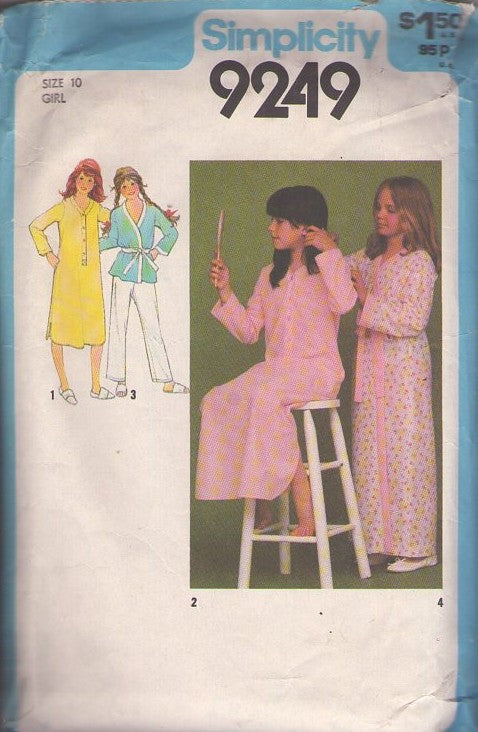 Simplicity 9249 Vintage 70's Sewing Pattern Girl's Nightshirts, Modest Nightshirt, Nightgown, Pajamas Set Size 10
