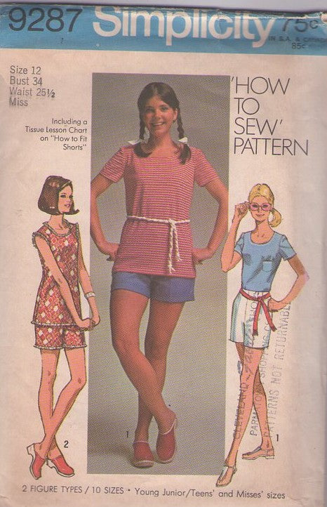 Simplicity 9287 Vintage 70's Sewing Pattern Easy Summer Separates, Scoop Neck Tshirt, Sleeveless Top, Shorts Size 12