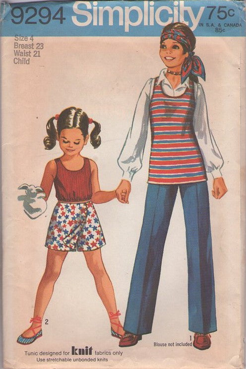 Simplicity 9294 Vintage 70's Sewing Pattern Girl's Separates, Brady Bunch Hippie Scoop Neck Tank or Tunic Top, Shorts & Pants Size 4
