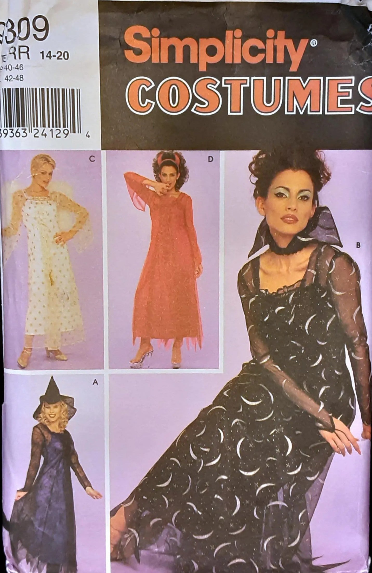 Simplicity 9309 0641 Retro 2000 Sewing Pattern Cosplay Costumes, Empire Waist Sheer Dress Costume, Witch, Devil, Angel, Sorceress Size 14-20