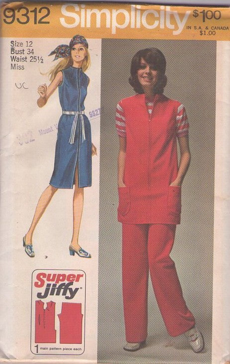 Simplicity 9312 Vintage 70's Sewing Pattern Mod Separates, Easy Super Jiffy Front Zippered Tunic Top, Micro Mini or Knee Length Dress, Pants Size 12