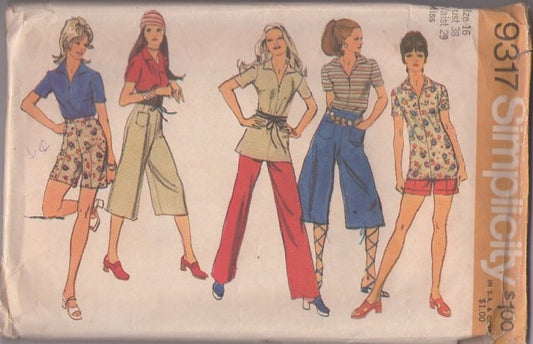 Simplicity 9317 Vintage 70's Sewing Pattern Wing Collar Zipper Top, Tunic Blouse, Shorts, Pants, Culottes, Gauchos Pants Size 16