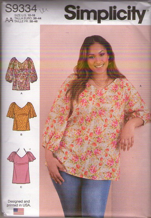Simplicity 9334 Retro 2021 Sewing Pattern Easy Pullover, Loose Fit Blouse, Flutter Sleeves, 3 Styles Size 10-18