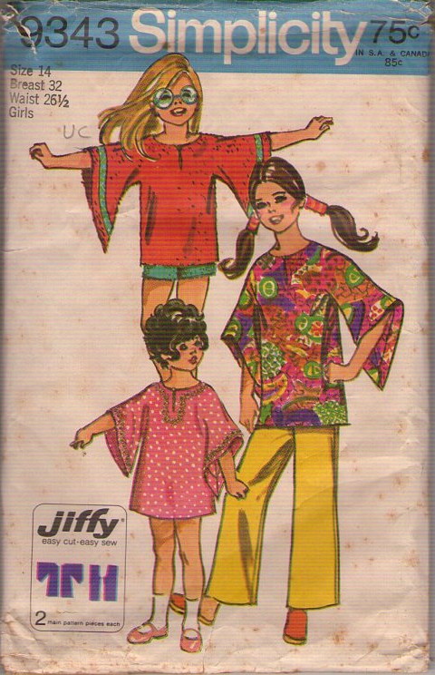 Simplicity 9343 Vintage 70's Sewing Pattern Teen Girl's Hippie Shirt, Big Angel Bell Sleeves Dashiki Top, Mini Dress, Pants, Shorts Size 14