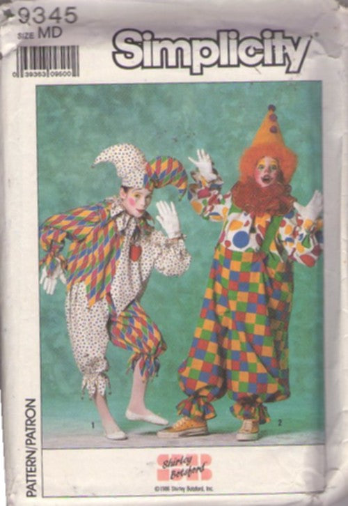 Simplicity 9345 Vintage 80's Sewing Pattern Clown Costumes, Classic Circus Clown And Renaissance Jester Shirt, Pants, Jumpsuit, Ruffs, Hats Size Child M