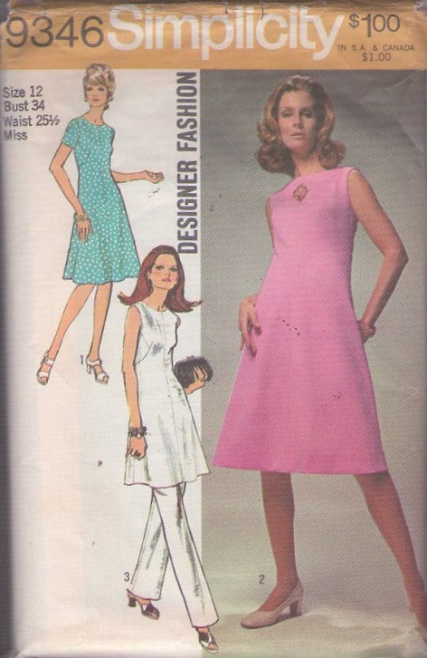 Simplicity 9346 Vintage 70's Sewing Pattern Mod Dress, Pantsuit, Designer Fashion, Modest Length Fit & Flared Secretary Dress, Tunic Top & Pants Pantsuit Size 12