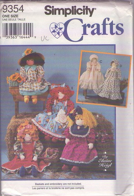 Simplicity 9354 Vintage 90's Sewing Pattern Elaine Heigl Doll Set, Stuffed Country, Primitive Dolls, Cottagecore Dress, Hats One Size