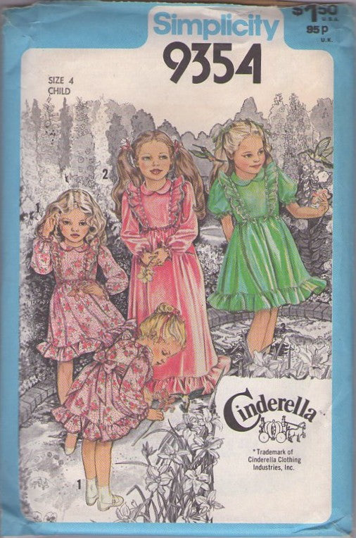 Simplicity 9354 Vintage 70's Sewing Pattern Girl's Dress, Designer Cinderella Ruffle Trimmed Party Dress, Tie Back, Short or Maxi Long Length Size 5
