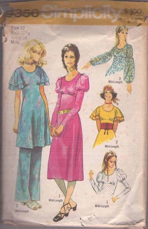 Simplicity 9356 Vintage 70's Sewing Pattern Mod Separates, Leg O'Mutton or Flutter Sleeve Empire Waist Tunic Dress & Pants, Pantsuit, Hostess Lounge Wear, Party Dress Size 10