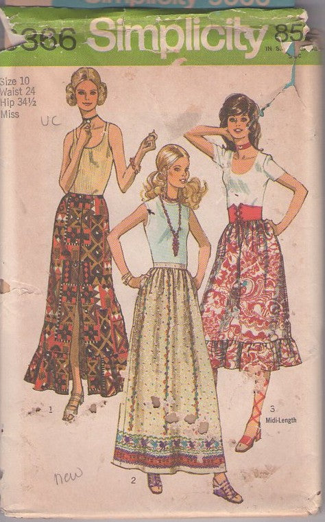 Simplicity 9366 Vintage 70's Sewing Pattern Hippie Skirts, Boho Farmcore, Front Buttoned Hawaiian Flounce Maxi Skirt, Border Print, Long or Midi Size 10