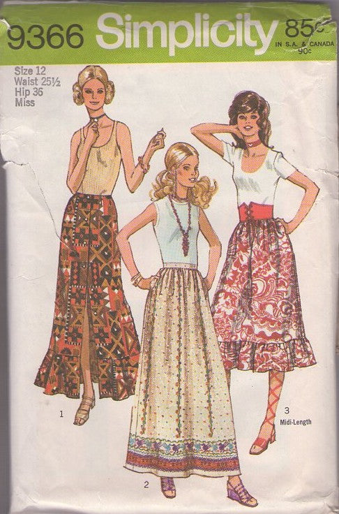 Simplicity 9366 Vintage 70's Sewing Pattern Hippie Skirts, Boho Farmcore, Front Buttoned Hawaiian Flounce Maxi Skirt, Border Print, Long or Midi Size 12