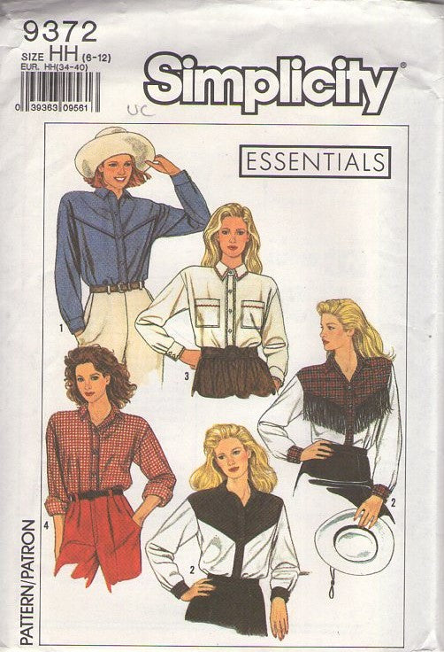 Simplicity 9372 Vintage 80's Sewing Pattern Western Shirts, Shaped Yoke, Optional FRINGE New Wave Contrast Color Blouse  Set, Essentials Size 6-12