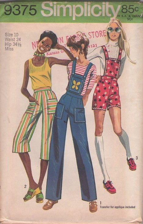 Simplicity 9375 Vintage 70's Sewing Pattern Mod Pants Set, Bib Button Straps Shorts, Overalls, Coveralls, Jumpsuit & Capri Gauchos Pants Size 10