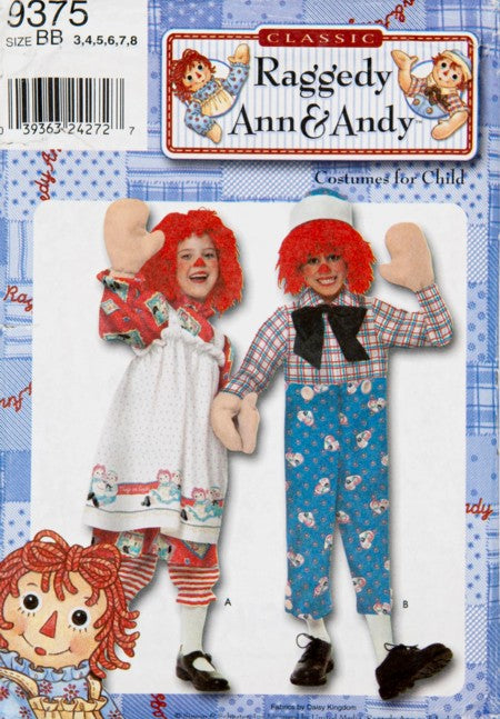 Simplicity 9375 Retro 2000 Sewing Pattern Character Costumes, Baby Boys & Girl's Raggedy Ann & Andy Halloween Costumes, Yarn Wig, Dress, Jumpsuit, Pinafore Apron, Bloomers, Gloves Size 3-8
