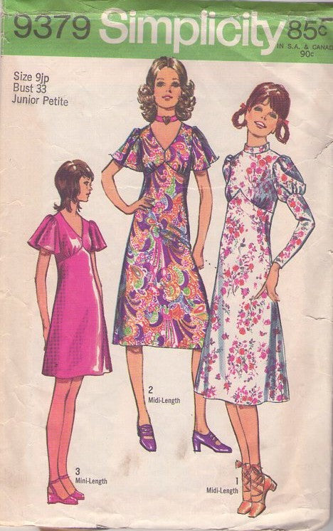 Simplicity 9379 Vintage 70's Sewing Pattern Mod Dress Set, Shaped Empire Waist, Mini or Midi Length Leg O'Mutton or Flutter Sleeve Dress Set 3 Styles Size 9JP