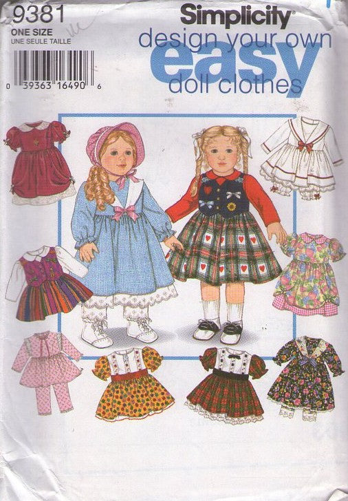 Simplicity 9381 Vintage 90's Sewing Pattern Doll Clothes Wardrobe, 18" American Girl Dress, Pajamas, Sailor Outfit, Bloomers, Pantaloons