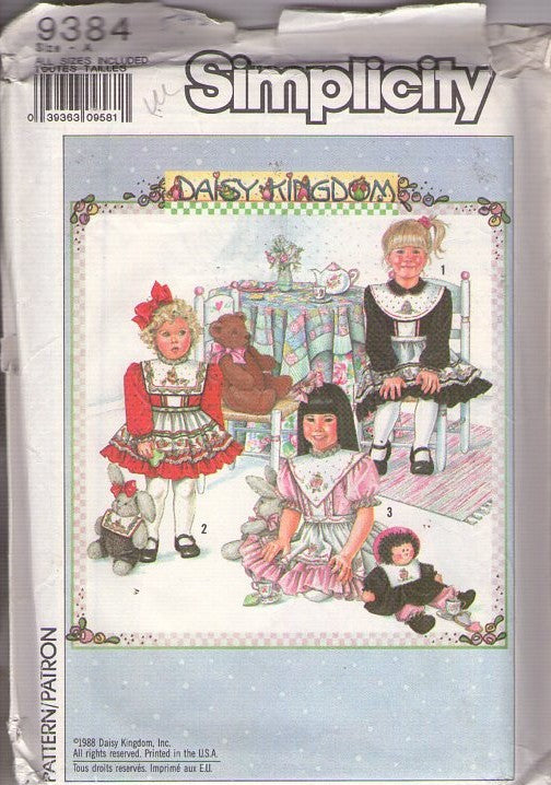 Simplicity 9384 Vintage 80's Sewing Pattern Girl's Dresses, Daisy Kingdom Platter Collar Ruffled Cottagecore, Holiday Party Dress, Pinafore Apron Size 3-6x UNCUT