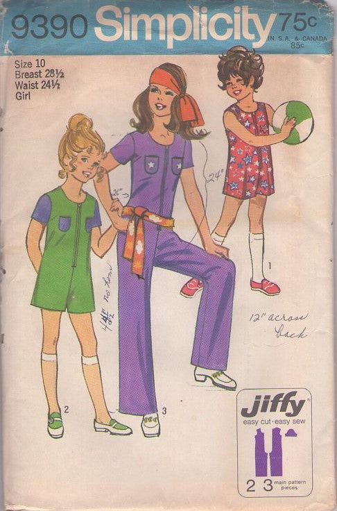 Simplicity 9390 Vintage 70's Sewing Pattern Girl's Jumpsuits, Disco Jiffy Scoop Neck Front Zippered Romper, Jumpsuit, Onesie Playsuit Set Size 10