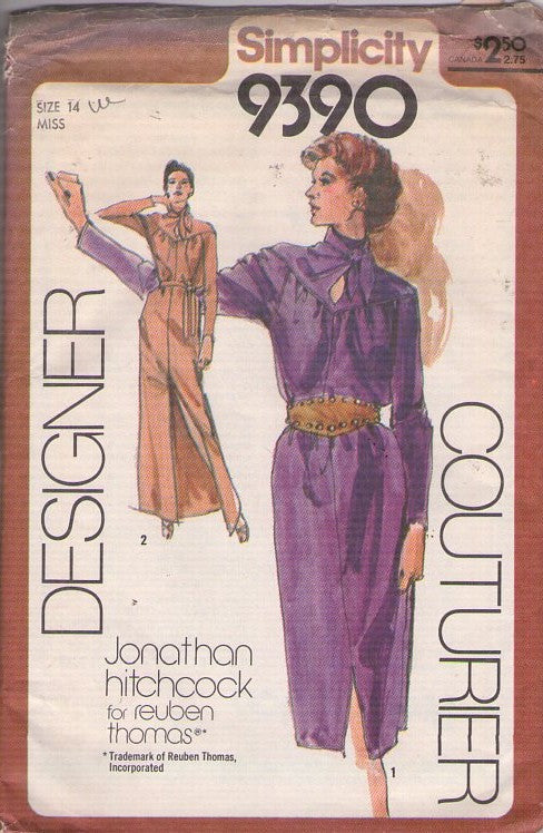 Simplicity 9390 Vintage 80's Sewing Pattern Couturier Dress, Jonathan Hitchcock for Reuben Thomas, Tied Neck Keyhole, High Slit Evening, Party Dress, 2 Styles Size 14