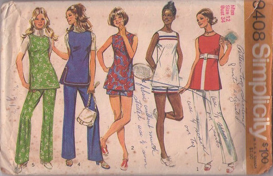 Simplicity 9408 Vintage 70's Sewing Pattern Sports Set, Petite Tennis Outfit, Tunic Top, Mini Dress, Shorts, Pants, Band Trim Size 12 WRITING on ENVELOPE