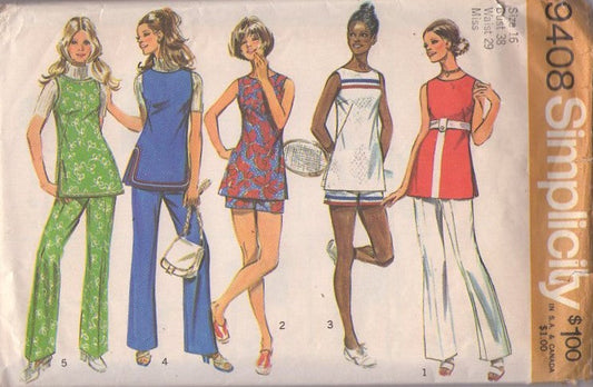 Simplicity 9408 Vintage 70's Sewing Pattern Sports Set, Petite Tennis Outfit, Tunic Top, Mini Dress, Shorts, Pants, Band Trim Size 12 GOOD ENVELOPE
