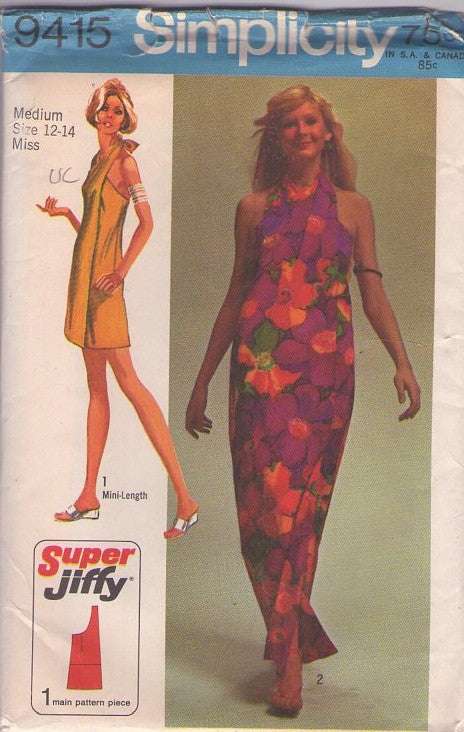 Simplicity 9415 Vintage 60's Sewing Pattern Wrap Dress, Super Jiffy, Mod Hawaiian Tiki Party Halter Mini Dress, Maxi Gown 1 Main Piece Size M