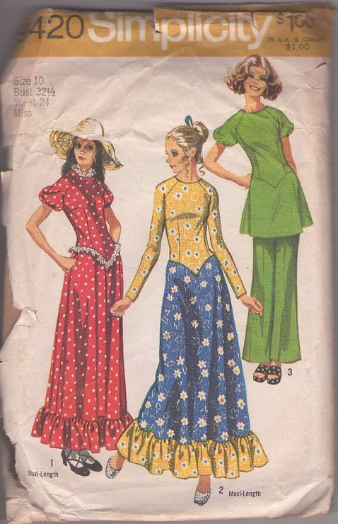 Simplicity 9420 Vintage 70's Sewing Pattern Hippie Maxi Dress, Rare Dipped Basque Waist Farmcore Boho Raglan Sleeve Ruffle Hem Maxi Dress, Party Gown, Pantsuit Tunic Top & Pants Size 10