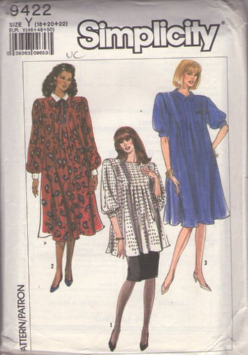 Simplicity 9422 Vintage 80's Sewing Pattern Career Separates, Oversized Flared & Pleated Modest or Plus Size Tent Blouse, Loose Dress, 3 Styles Size 18-22