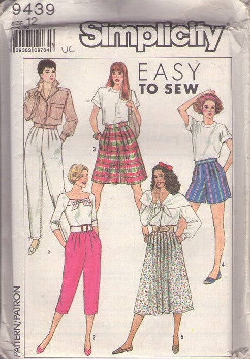 Simplicity 9439 Vintage 80's Sewing Pattern  Easy To Sew Pants Set, Pleated Shorts, Culottes, Gauchos, Split Skirt, Slacks, Skirt Set Size 12