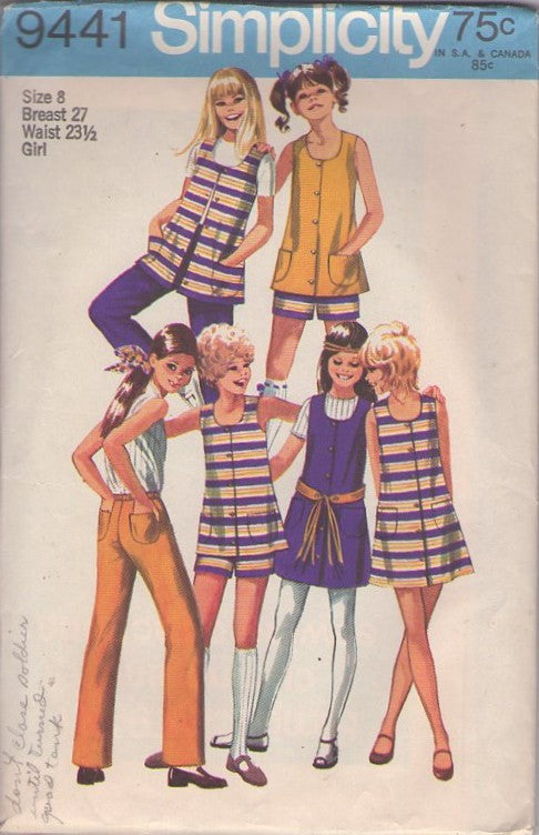 Simplicity 9441 Vintage 70's Sewing Pattern Girl's Separates, Brady Bunch Easy Scoop Neck Vest Top, Sundress, Jumper Dress, Shorts & Pants Size 8
