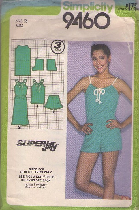 Simplicity 9460 Vintage 80's Sewing Pattern Disco Romper, Sundress, Summer Set, Old School Super Jiffy Gym Clothes, Drawstring Top, Flared Terry Shorts, Sun Dress Size 16