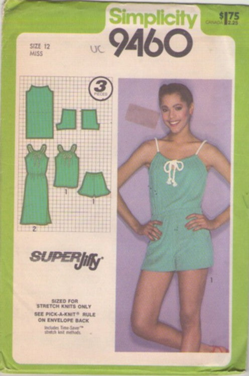 Simplicity 9460 Vintage 80's Sewing Pattern Disco Romper, Sundress, Summer Set, Old School Super Jiffy Gym Clothes, Drawstring Top, Flared Terry Shorts, Sun Dress Size 12