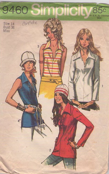 Simplicity 9460 Vintage 70's Sewing Pattern Hippie Shirts, Button & Loop or Lace Front Collared Shirt, Top, Blouse Set 4 Styles Size 14