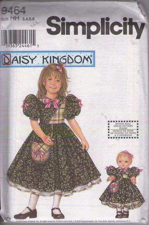 Simplicity 9464 Vintage 2000 Sewing Pattern Girl's Party Dress, Daisy Kingdom, Garden Party, Cottagecore, Matching 18 Doll Outfit Size 3-6"