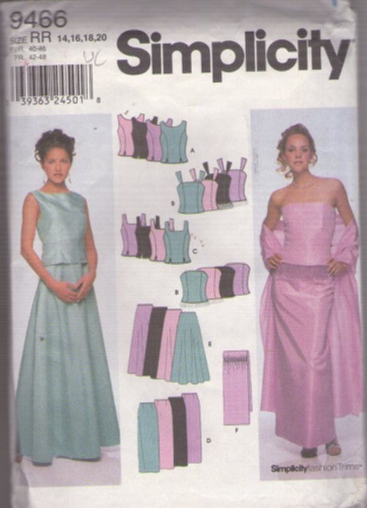 Simplicity 9466 Retro 2000 Sewing Pattern Corset Top, Bustier, Slim or Flared Skirt, Formal Prom, Bridesmaid 2 Pc Dress Size 14-20