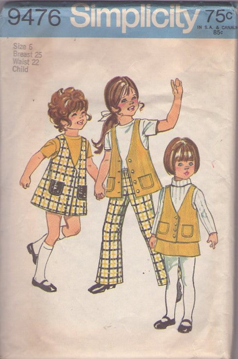 Simplicity 9476 Vintage 70's Sewing Pattern Girl's School Separates, Brady Bunch, Jumper Dress, Vest Top, Mini Skirt & Pants Size 6