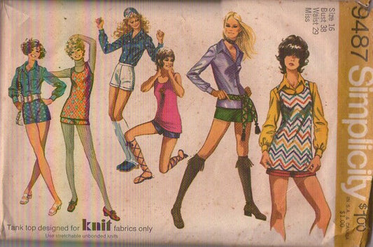 Simplicity 9487 Vintage 70's Sewing Pattern Mod Separates, Super Short Shorts Hot Pants, Fitted Collared Blouse, Scoop Neck Tank Top Size 16
