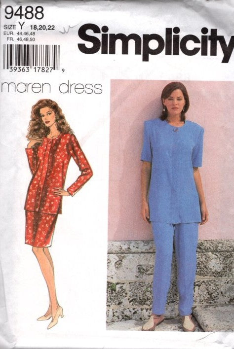 Simplicity 9488 Retro 90's Sewing Pattern Maren Dress Pantsuit, Secretary Tunic Top Blouse, Slim Skirt, Pants Size 18-22