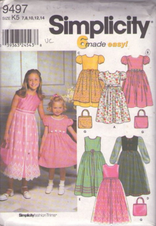 Simplicity 9497 Retro 2000 Sewing Pattern Girl's Dress Set, Six 6 Made Easy Sunday Best Easter Party Modest Dress with Petticoat & Purse Bag Size 7-14