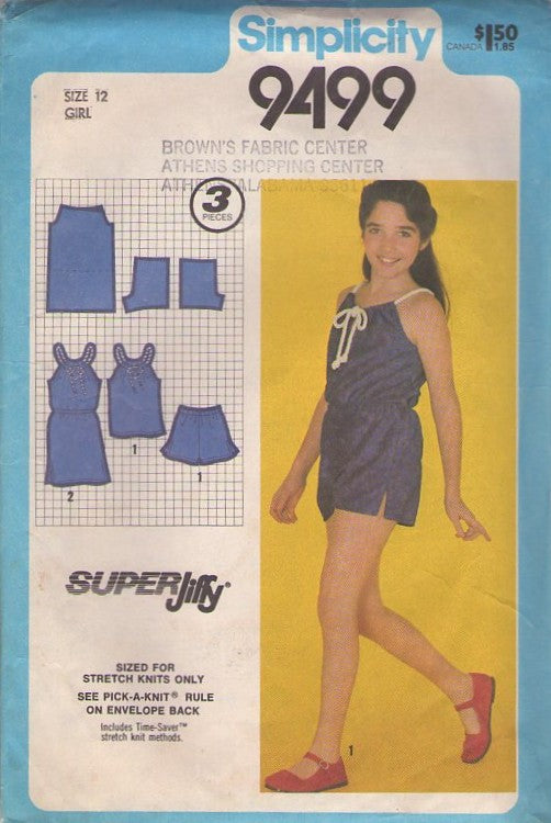 Simplicity 9499 Vintage 80's Sewing Pattern Girl's Romper, Old School, Super Jiffy, Easy 3 Pieces Drawstring Sun Top, Dress, Shorts Set for Stretch Knits Size 12