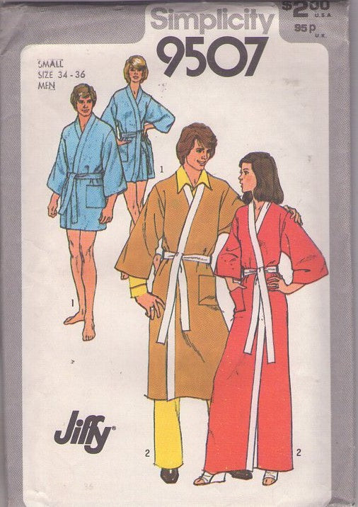 Simplicity 9507 Vintage 80's Sewing Pattern Easy Robes, Jiffy Mens' and Ladies' Short Spa, Wrap Kimono or Long Length Robe, Bathrobe Set Size Men S