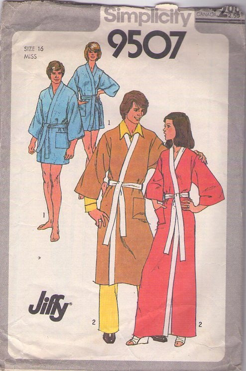Simplicity 9507 Vintage 80's Sewing Pattern Easy Robes, Jiffy Mens' and Ladies' Short Spa, Wrap Kimono or Long Length Robe, Bathrobe Set Size 16