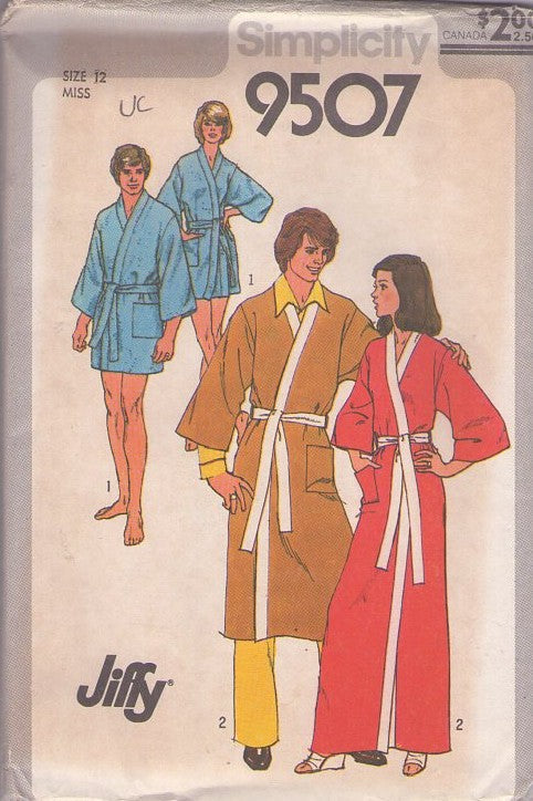 Simplicity 9507 Vintage 80's Sewing Pattern Easy Robes, Jiffy Mens' and Ladies' Short Spa, Wrap Kimono or Long Length Robe, Bathrobe Set Size 12