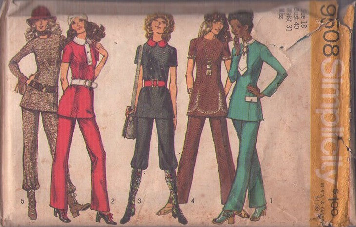 Simplicity 9508 Vintage 70's Sewing Pattern Disco Pantsuit Set, A-Line Tunic Top Blouse, Trousers & Belt Size 18