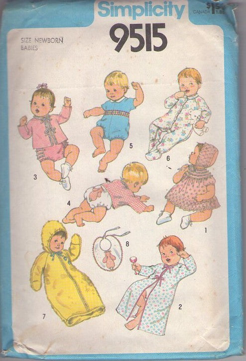 Simplicity 9515 Vintage 80's Sewing Pattern Baby Layette, All You Need Wardrobe, Bunting, Bib, Kimono, Dressing Gown, Onesie Romper, Sleeper, Dress, Bonnet, Panties Size Newborn