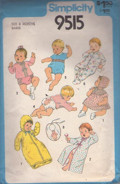 Simplicity 9515 Vintage 80's Sewing Pattern Baby Layette, All You Need Wardrobe, Bunting, Bib, Kimono, Dressing Gown, Onesie Romper, Sleeper, Dress, Bonnet, Panties Size 6 Mos