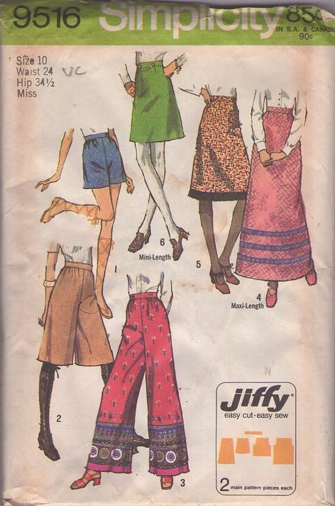 Simplicity 9516 Vintage 70's Sewing Pattern Hippie Pants Set, Easy Jiffy Border Print Wide Leg Palazzo Pants, Split Skirt Culottes, Gauchos, A-Line Skirt & Shorts Size 10